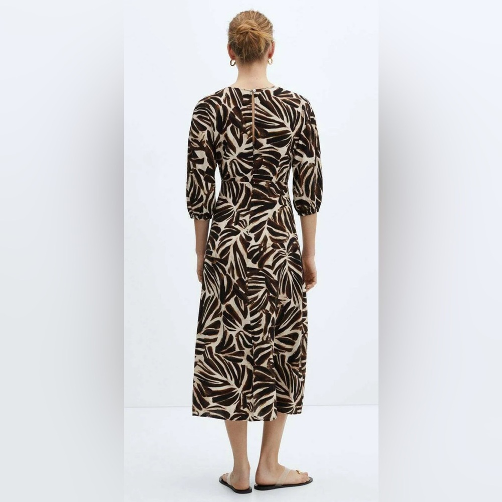 Mango Brown and Cream Leaf-Print Midi Dress - Picture 2 of 13